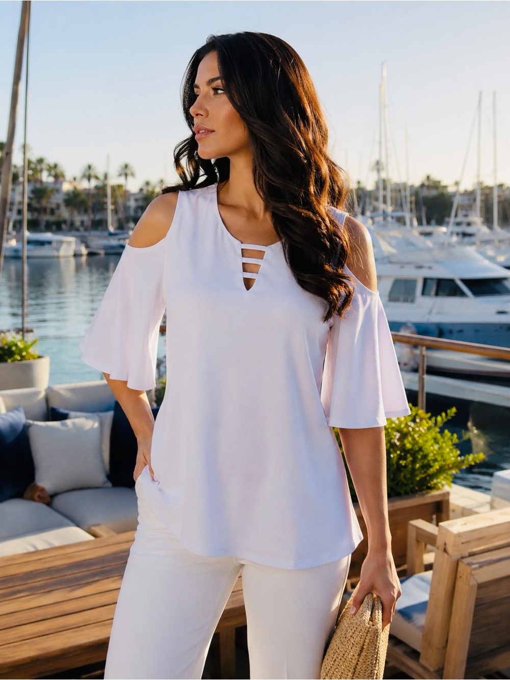 Joseph Ribkoff White Cold Shoulder Tunic Top Size 10